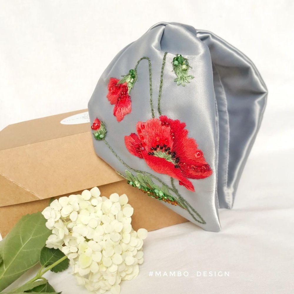 Poppy Flower Embroidery beaded Red Gray headband Hair Bangle Band Hoop Wreath